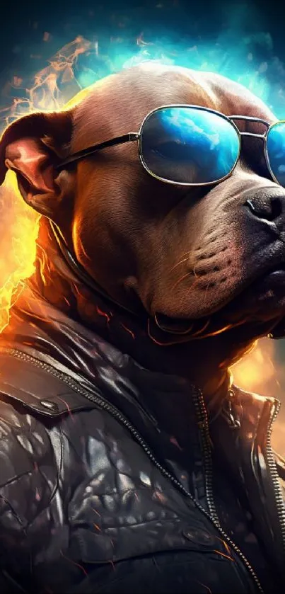 Dog wearing sunglasses and a leather jacket, surrounded by fiery tones.