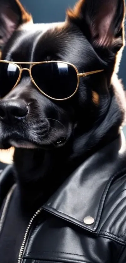 Stylish German Shepherd in sunglasses and leather jacket.