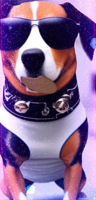 Trendy dog wearing sunglasses with cosmic and vibrant background.