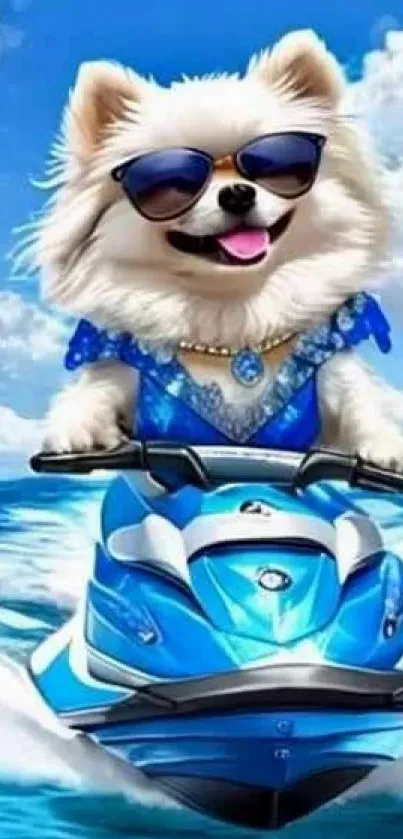 Fluffy dog on a jet ski wearing sunglasses, gliding on the blue ocean.
