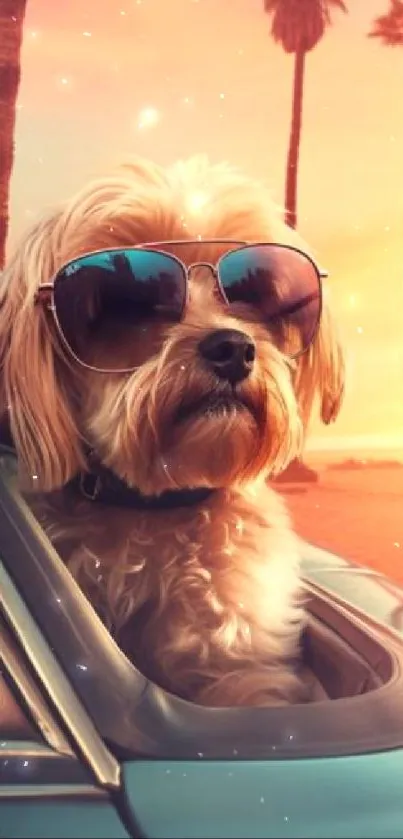 Dog with sunglasses in car during sunset, summer vibe wallpaper.