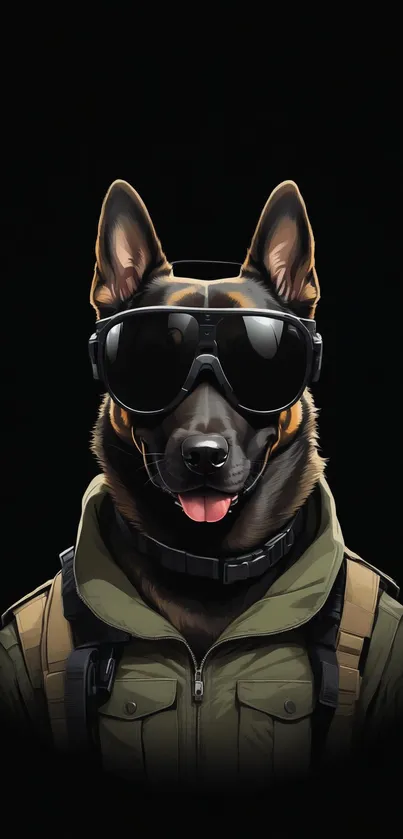 Dog wearing sunglasses and jacket on black background.