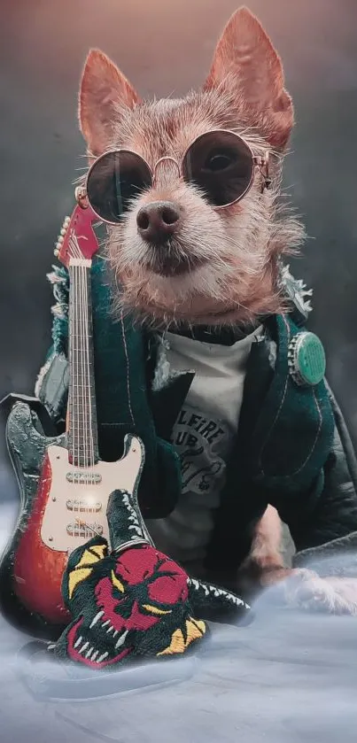 Stylish dog with sunglasses and guitar on a dark gray background.