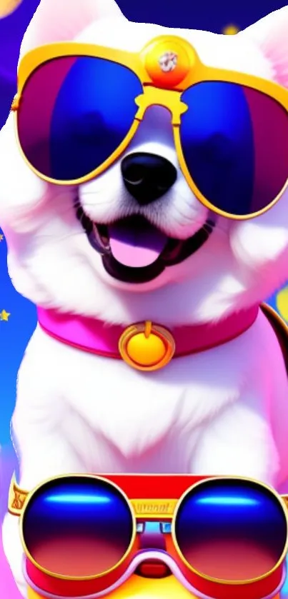 Happy dog with colorful sunglasses and vibrant background.