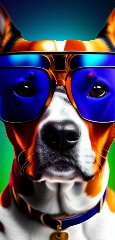 Artistic dog wearing blue sunglasses on a colorful gradient background.