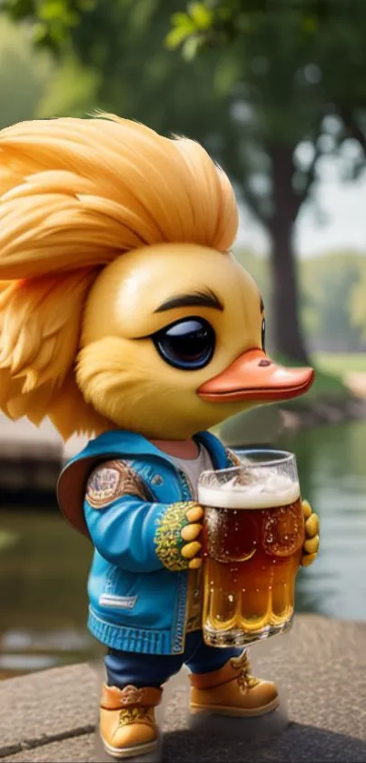 Cartoon duck with beer mug by a river.