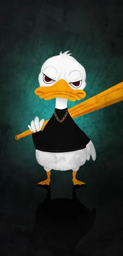 Cool cartoon duck holding a bat on dark background.