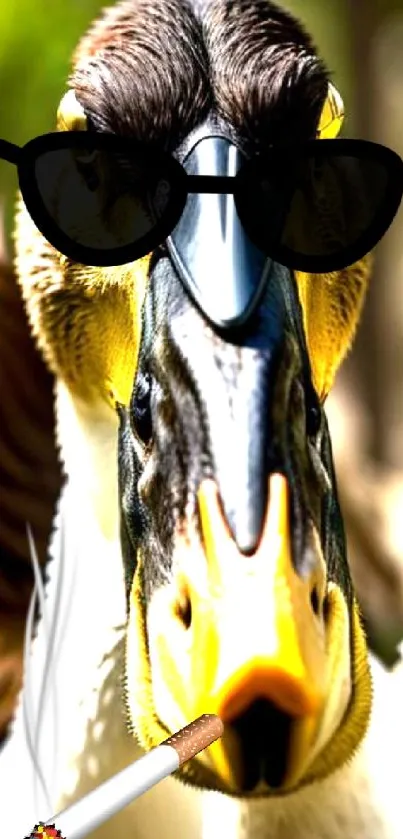 Duck wearing sunglasses with yellow beak and dark feathers.