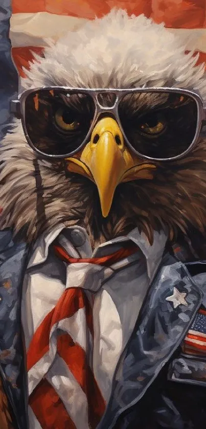 Eagle with sunglasses in front of an American flag.
