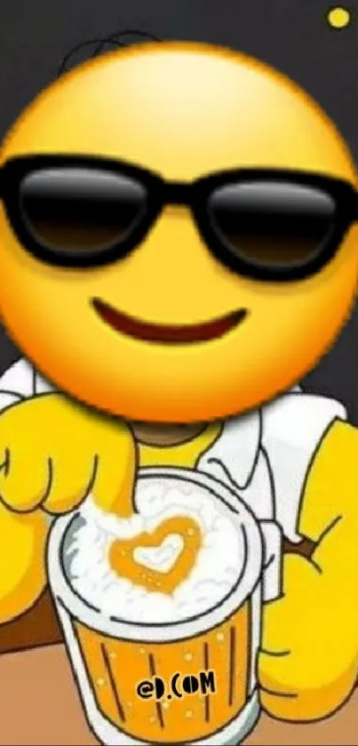 Cartoon character with sunglasses emoji and beer.