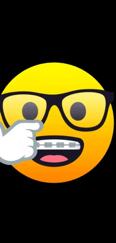 Vibrant emoji with glasses and braces on a black background.