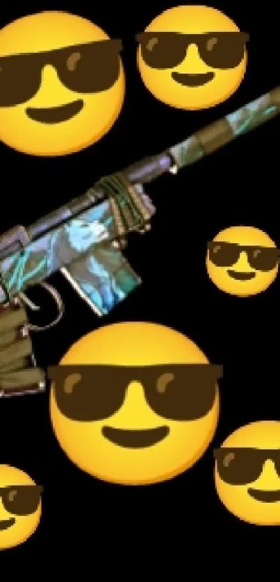 Rifle with cool sunglasses emojis as a mobile wallpaper design.