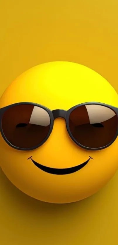 Smiling emoji wearing sunglasses on a yellow background.