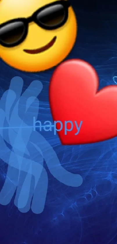 Cool emoji with sunglasses and heart on blue swirl background.