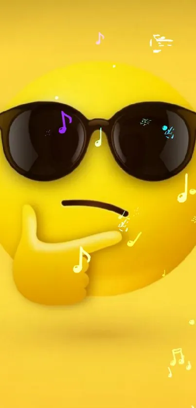 Emoji with sunglasses on a yellow background, thinking pose.