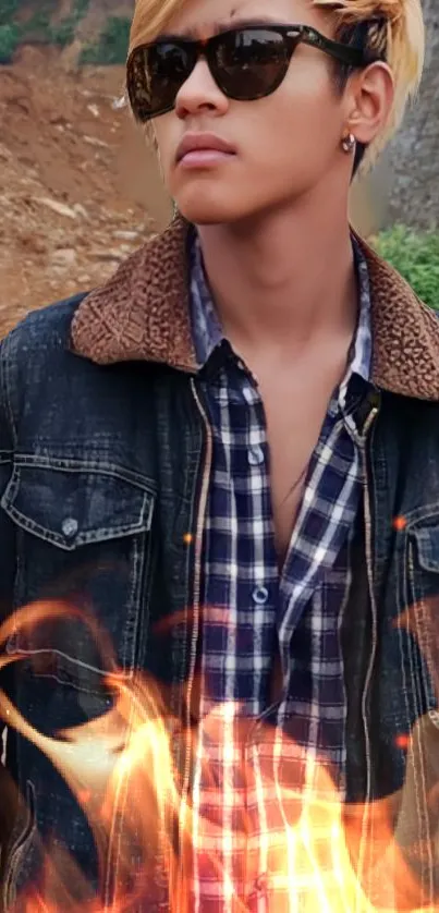 Stylish person in denim jacket with flames.