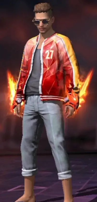 Dynamic gamer character with fiery red jacket and glowing flames.