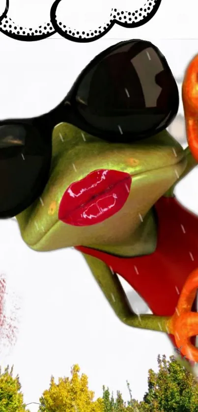 Frog wearing sunglasses with red lips and outfit in a vibrant wallpaper design.