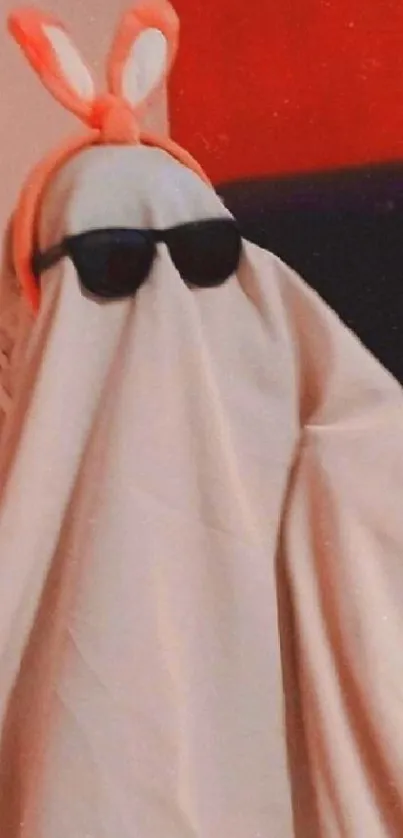 Beige ghost wearing bunny ears and sunglasses in a retro-style image.