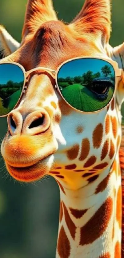 A giraffe wearing sunglasses in a vibrant nature setting.
