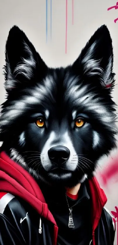 Graffiti-style wolf art with vibrant red hoodie and bold colors.