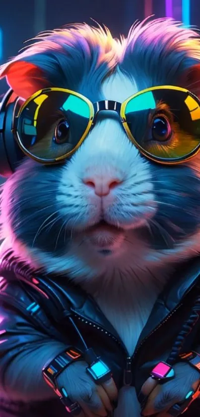 Guinea pig with headphones and sunglasses, blue background.