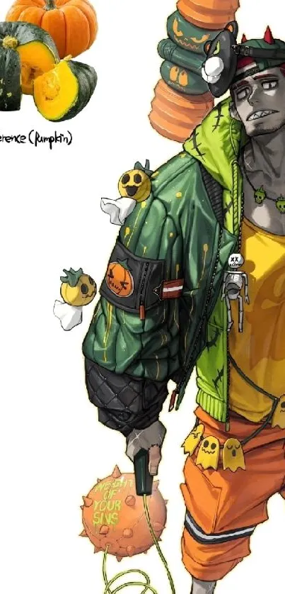 Halloween styled character with pumpkins and graffiti look.