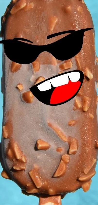 Smiling cartoon ice cream bar wearing sunglasses on a bright blue background.