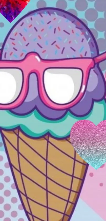 Ice cream cone wallpaper with sunglasses and pink hues.