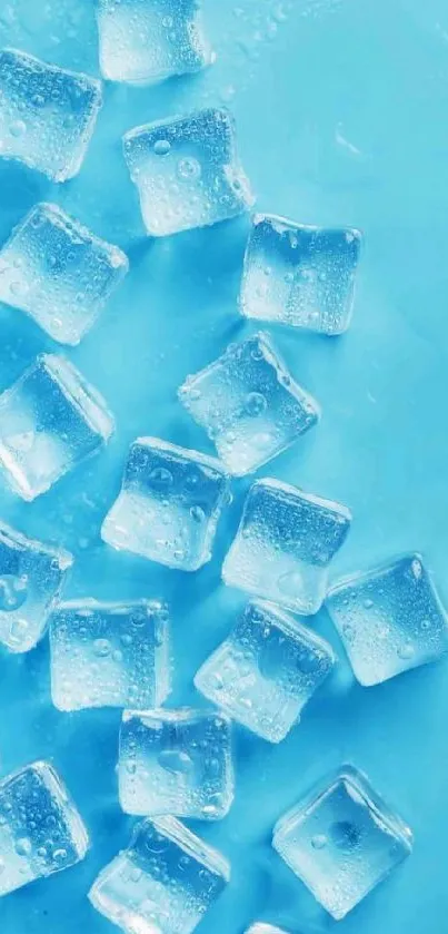 Clear ice cubes on a bright blue background, creating a cool aesthetic.