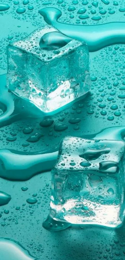 Ice cubes on teal background with water drops.