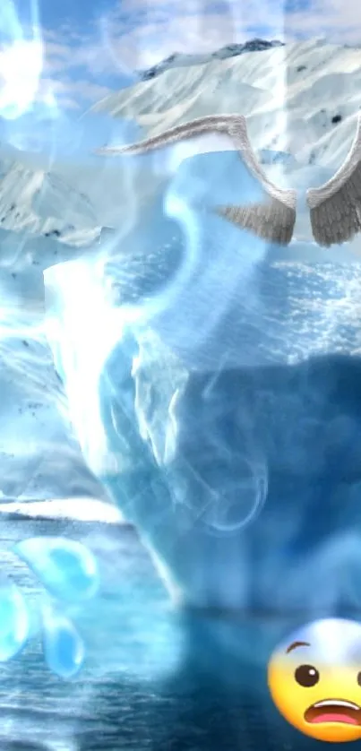 Iceberg wallpaper with emoji and angel wings in light blue hues.