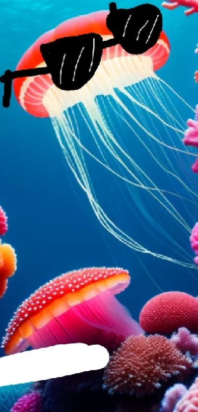 Jellyfish wearing sunglasses in vibrant coral reef.