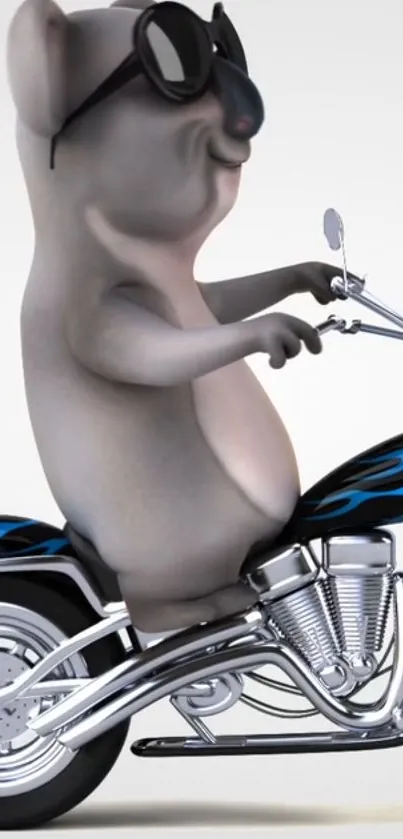 Cartoon koala riding a motorcycle with sunglasses.