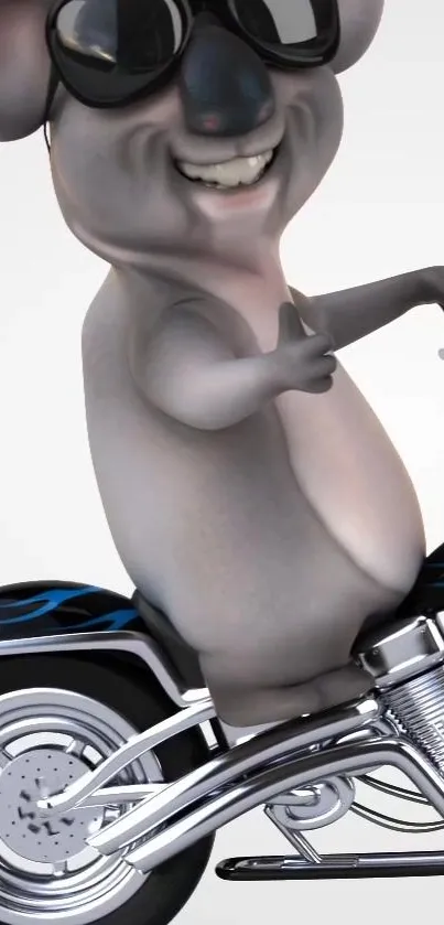 Animated koala in sunglasses rides a motorcycle.