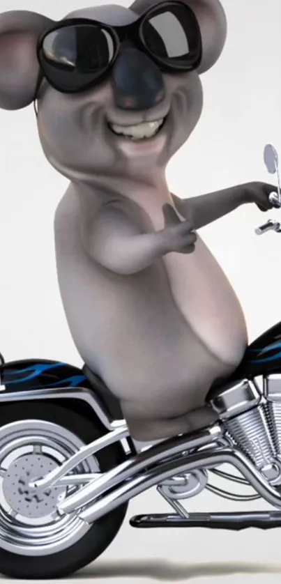 Koala wearing sunglasses riding a motorcycle in a cartoon wallpaper.