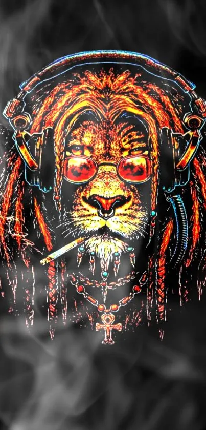 Lion with headphones and dreadlocks in vibrant colors on a black background.