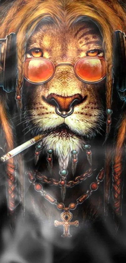 Lion with headphones and sunglasses in a vibrant, artistic style wallpaper.