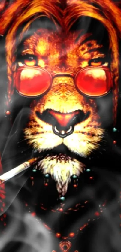 Stylish lion with headphones and smoke on wallpaper.