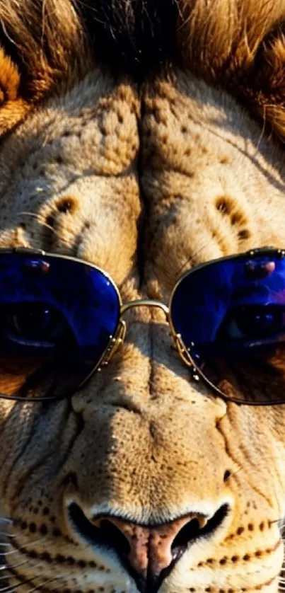 Lion wearing sunglasses, close-up portrait.