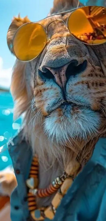 A stylish lion wearing sunglasses with a tropical backdrop.