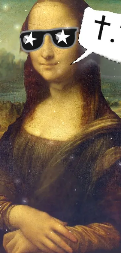 Mona Lisa with star sunglasses and speech bubble on wallpaper.