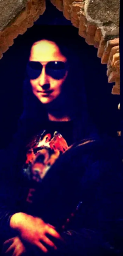 Edgy Mona Lisa with sunglasses in dark tones, wallpaper.