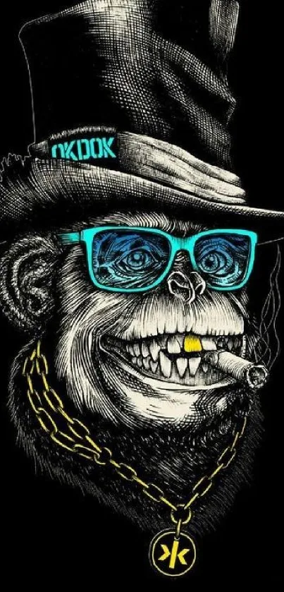 Artistic monkey with hat, glasses, and cigar on black background.