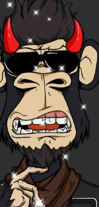 Cartoon monkey with sunglasses and red horns on a dark background.