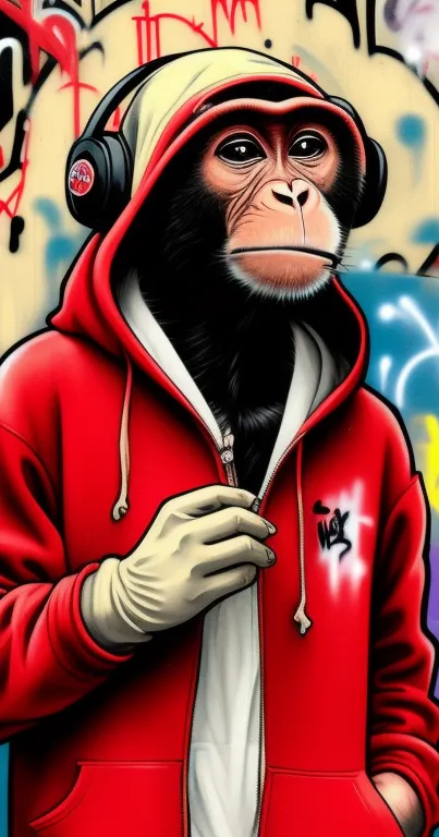 Monkey in red hoodie graffiti art with headphones, showcasing urban style.