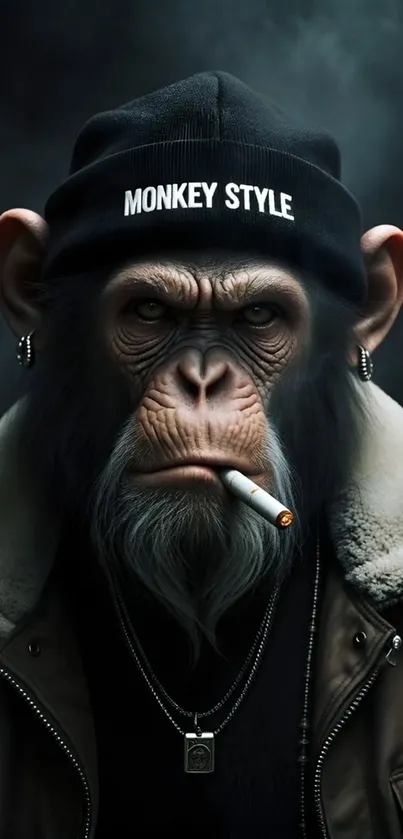 Realistic monkey in a hat and coat with a cigarette, dark background.