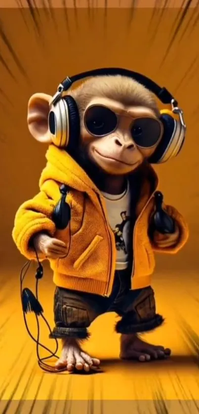 Stylish monkey with headphones in a yellow jacket on a vibrant background.