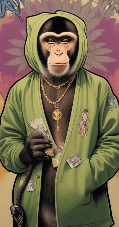 Artistic wallpaper of a monkey in a green hoodie with street art style.