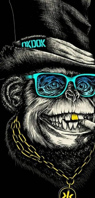 Cool monkey with sunglasses and hat in a vibrant illustration.